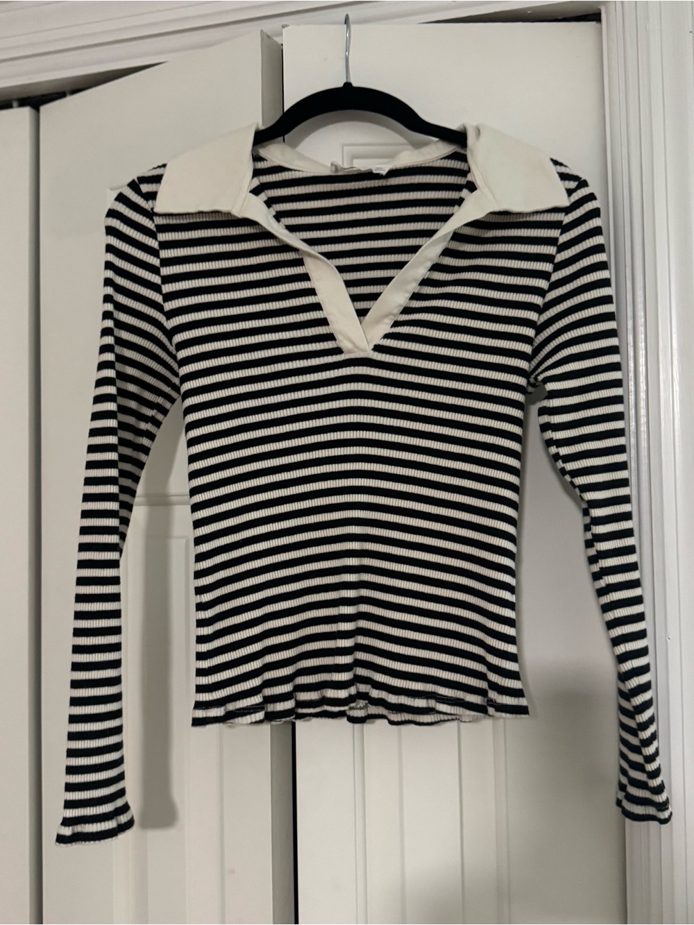 Mango Black & White Striped Long-Sleeve Polo Knit Top